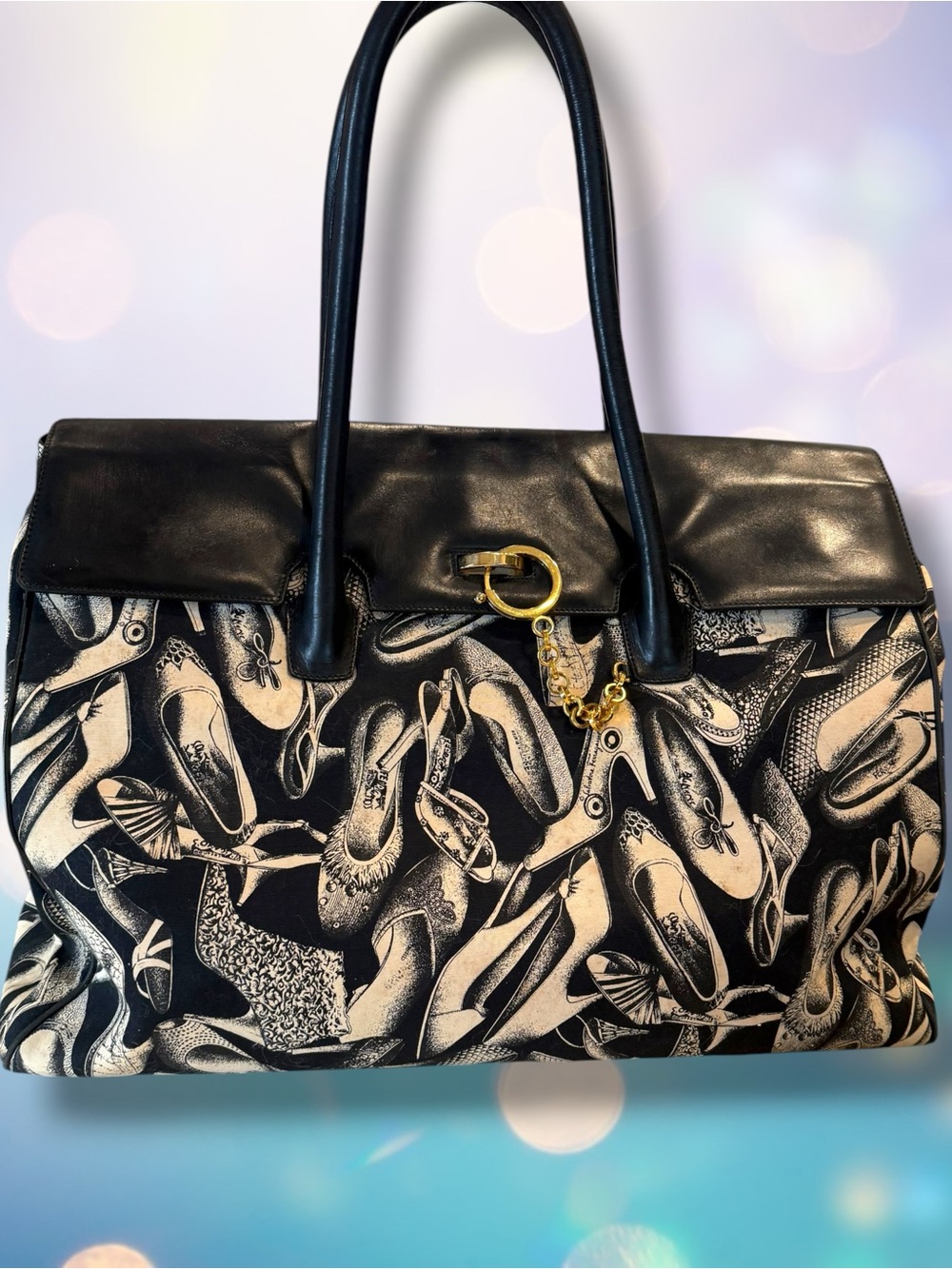 Salvatore Ferragamo Black and Cream Shoe-Print Travel Tote with Gold Hardware - Picture 1 of 15